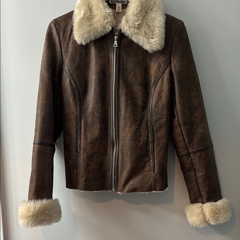 Express Brown  Shearling Jacket with Cream Accents, size 8